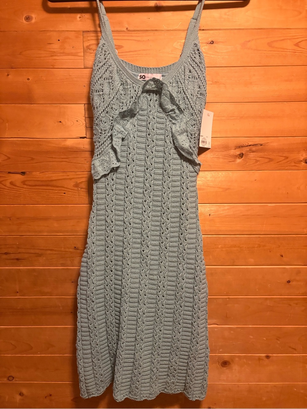 SO Light Blue Crochet Midi Dress with Ruffle Detail